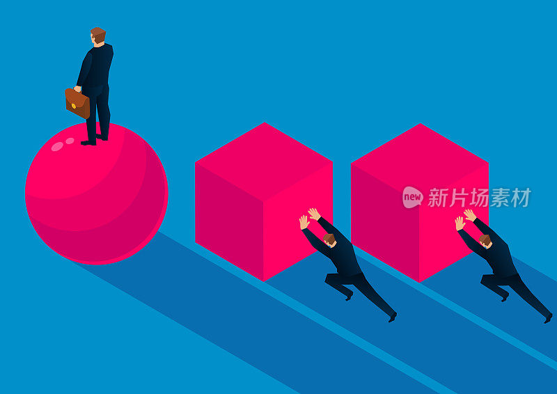 Isometric businessman pushing cube, efficient businessman wins, efficiency concept, business illustration
